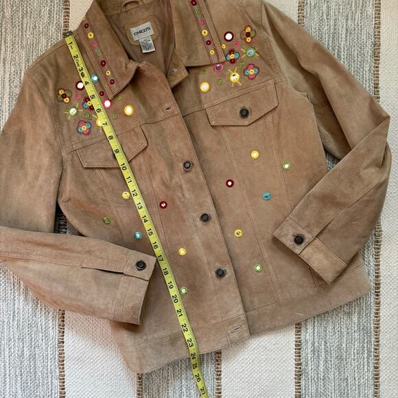 Chico’s Tan 100% Genuine Leather Embellished Embroidered Boho Jacket Women’s M - Picture 5 of 8